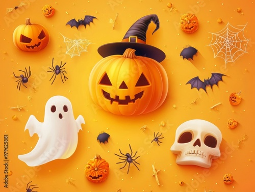 Spooky Halloween Ensemble with Pumpkins and Ghosts