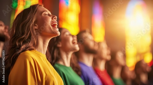 A modern church choir in rehearsal, vibrant stained glass windows behind, uplifting and joyous atmosphere