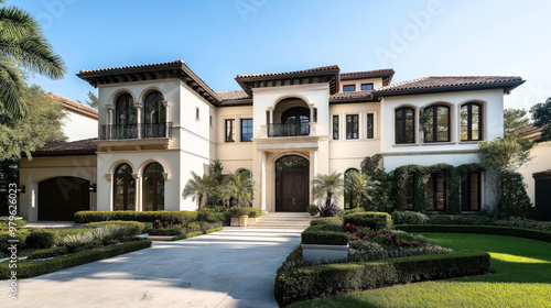 Luxurious Mediterranean-style mansion with a grand entrance, arched windows, landscaped yard, and palm trees, under clear blue sky.