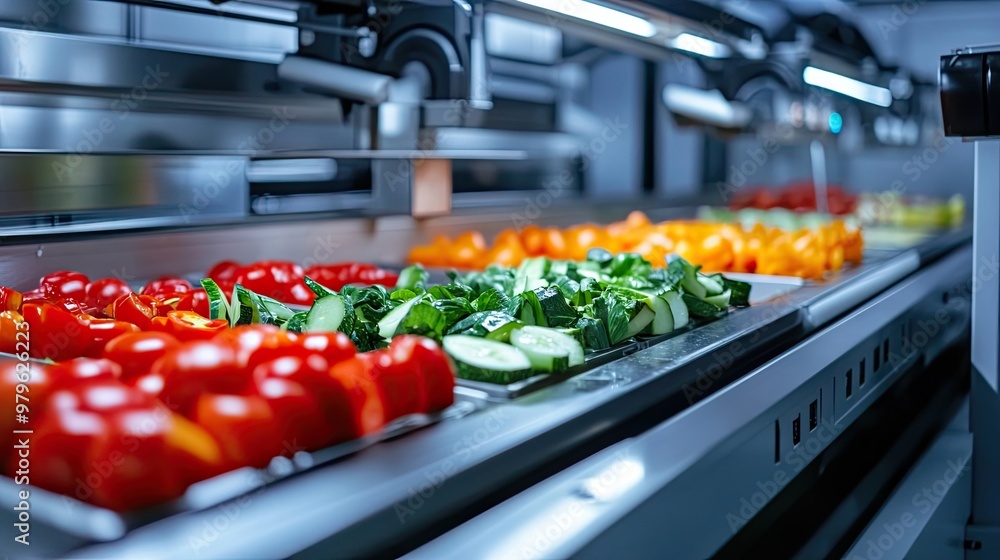 Close-up of Fresh Vegetables on a Conveyor Belt in a Food Production Facility Close-up of Fresh Vegetables on a Conveyor Belt in a Food Production Facility