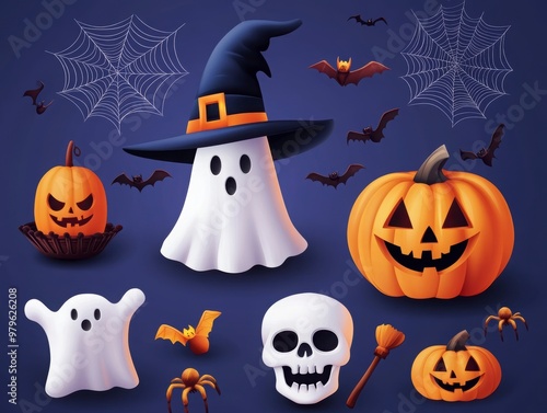 Spooky Halloween Ensemble with Pumpkins and Ghosts