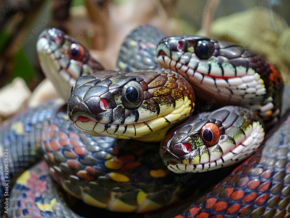 Close-up of four colorful snakes with their heads together looking at the camera. Close-up of four colorful snakes with their heads together looking at the camera.
