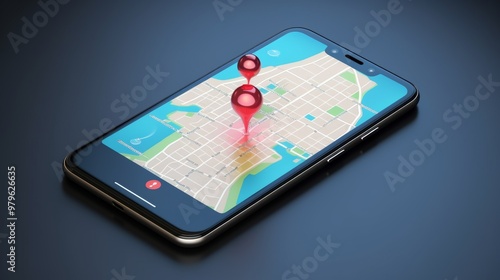Wallpaper Mural Smartphone with map, 3D Map pins, GPS, navigator pin checking points, 3D World Map icon, technology and application mobile smart phone with mobile, delivery tracking, transportation, generate by AI. Torontodigital.ca
