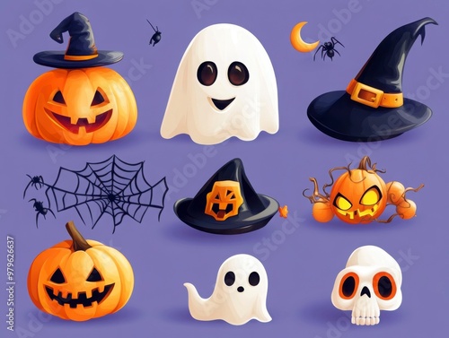 Spooky Halloween Ensemble with Pumpkins and Ghosts