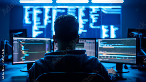 A focused individual engages in cybersecurity training, surrounded by multiple screens displaying code and data. blue lighting enhances high tech atmosphere, emphasizing importance of cybersecurity sk photo