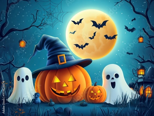 Spooky Halloween Ensemble with Pumpkins and Ghosts