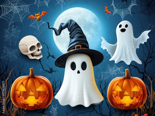 Spooky Halloween Ensemble with Pumpkins and Ghosts