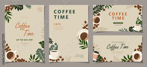  Set of sketch banners with coffee beans and leaves on minimal background for invitations, cards, banner, poster, cover, cafe menu or another template design. Vector illustration.