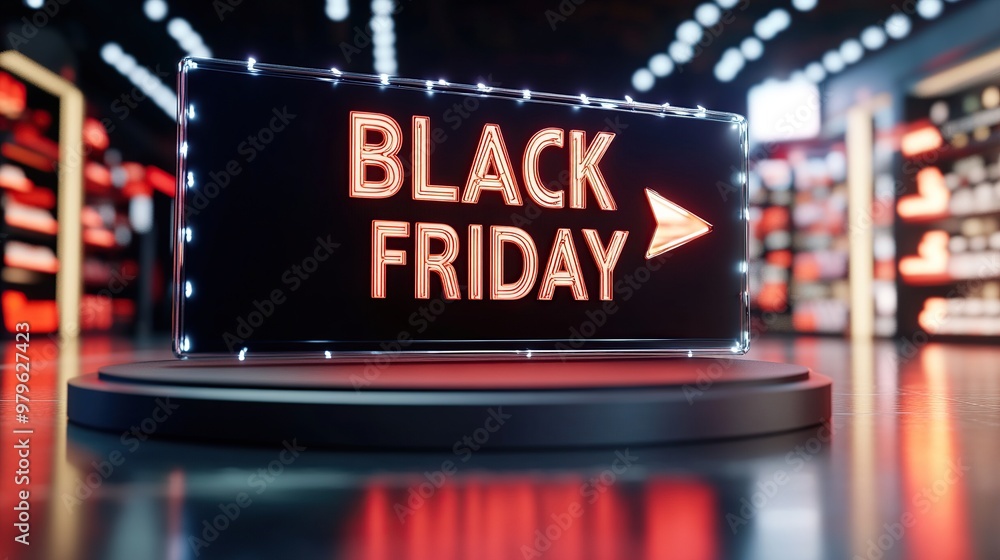 A vibrant sign promoting Black Friday sales in a retail environment. A vibrant sign promoting Black Friday sales in a retail environment.