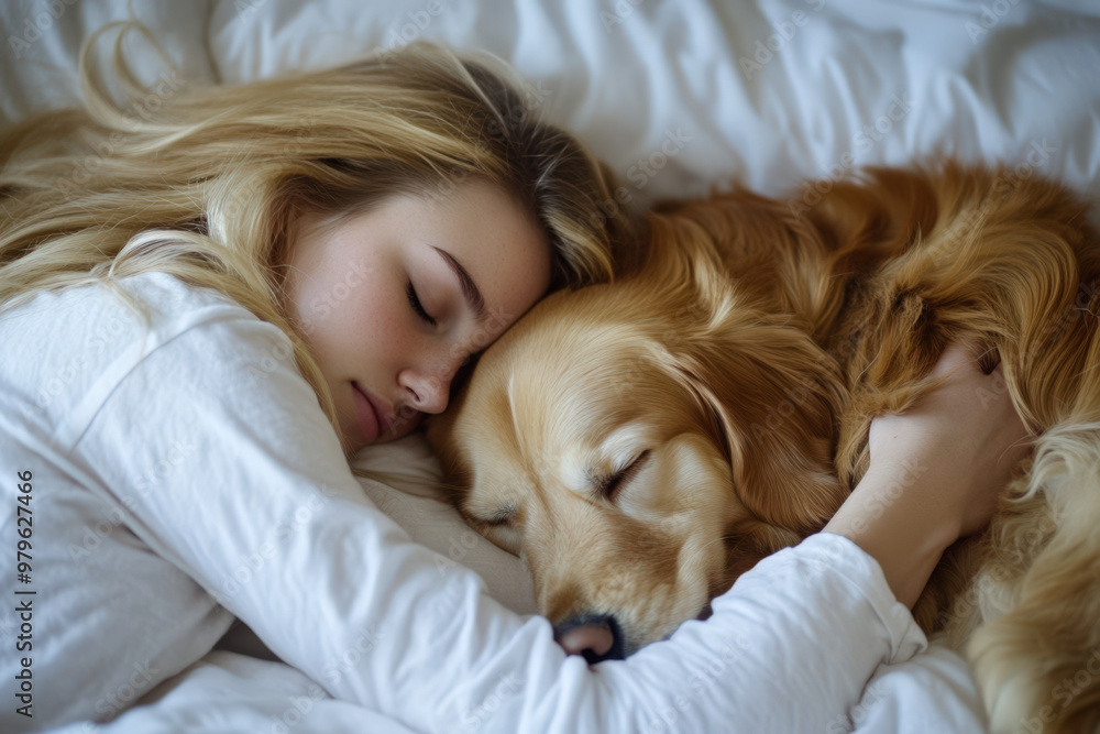 Young woman is sleeping peacefully in her bed while hugging her dog Young woman is sleeping peacefully in her bed while hugging her dog