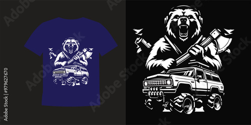 car monster and angry bear design logo for T-shirt Free Vector
