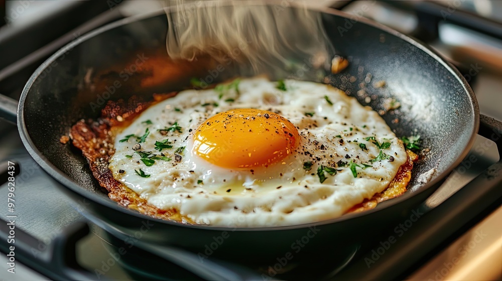 A perfectly cooked fried egg with a runny yolk, seasoned with pepper and parsley, in a black pan on a stovetop A perfectly cooked fried egg with a runny yolk, seasoned with pepper and parsley, in a black pan on a stovetop
