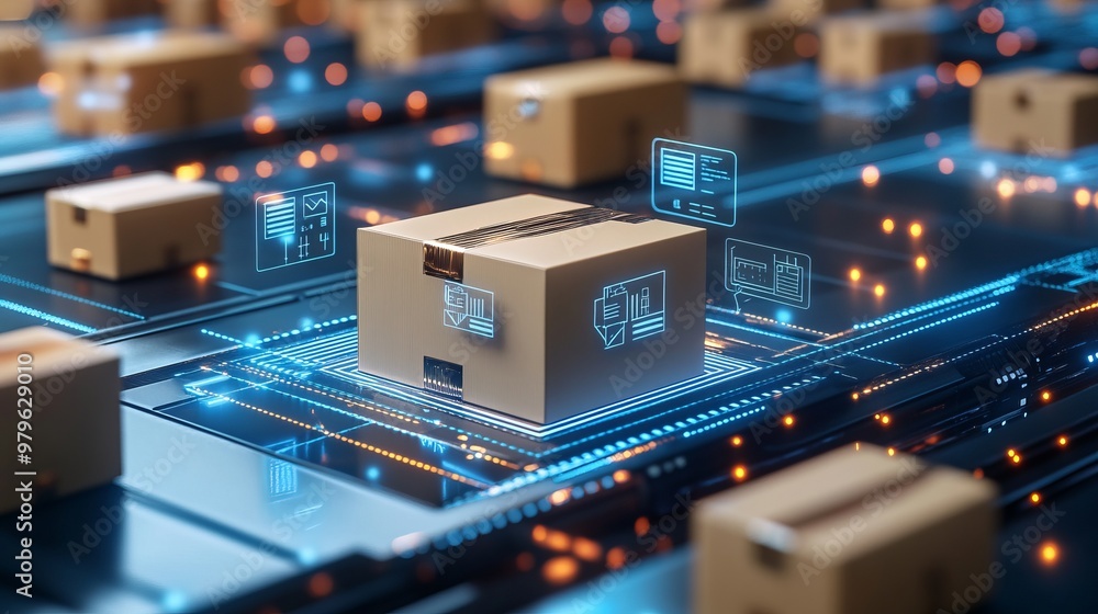 Smart warehouse management system identify package picking and delivery . Future concept of supply chain and logistic business