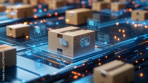 Obraz na płótnie Smart warehouse management system identify package picking and delivery . Future concept of supply chain and logistic business w salonie