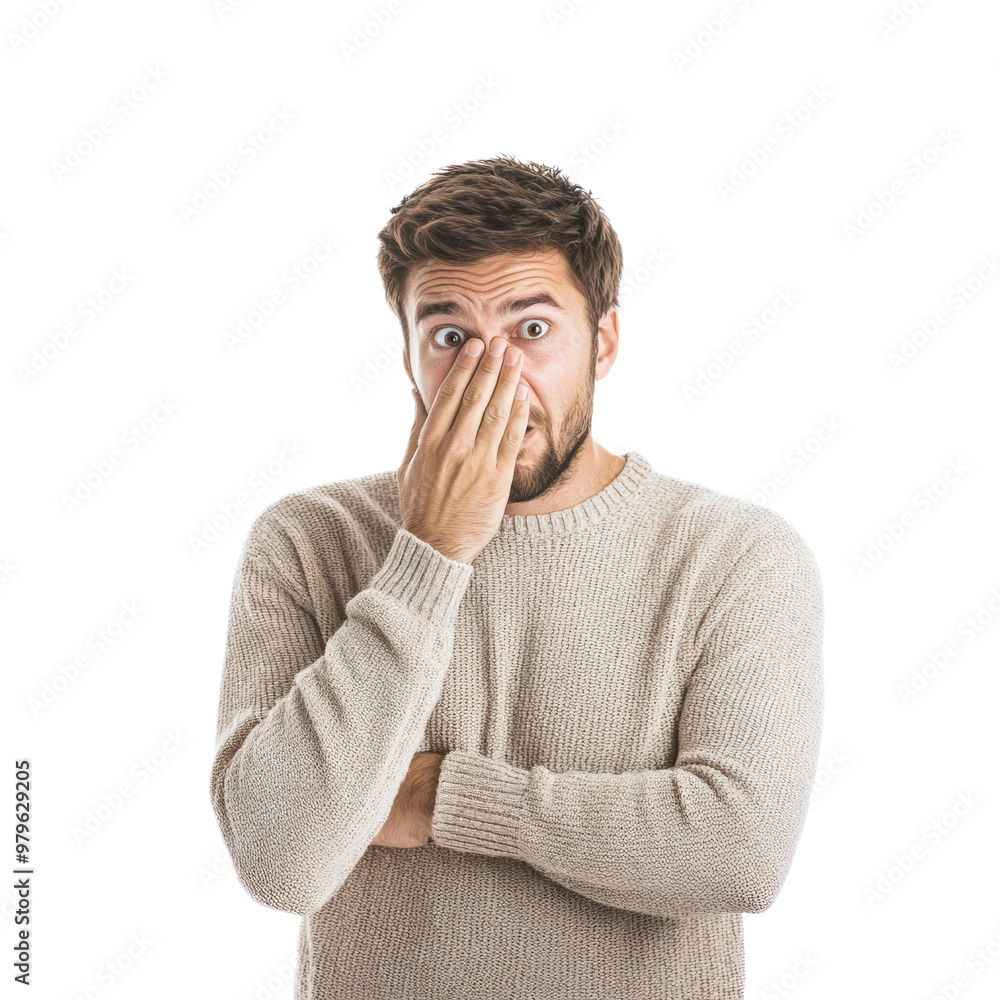 A man cowering slightly with one hand covering his mouth, eyes looking anxiously to the side isolated on transparency background A man cowering slightly with one hand covering his mouth, eyes looking anxiously to the side isolated on transparency background