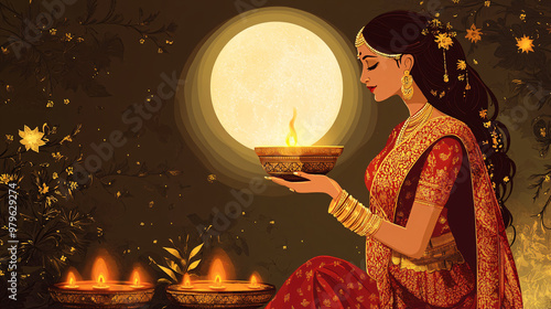 A woman holding a bowl surrounded by diya lamps, in Karwa Chauth concept photo