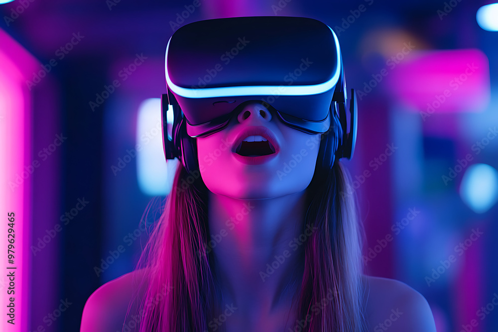 A woman experiences virtual reality with a headset in a vibrant, colorful environment. A woman experiences virtual reality with a headset in a vibrant, colorful environment.