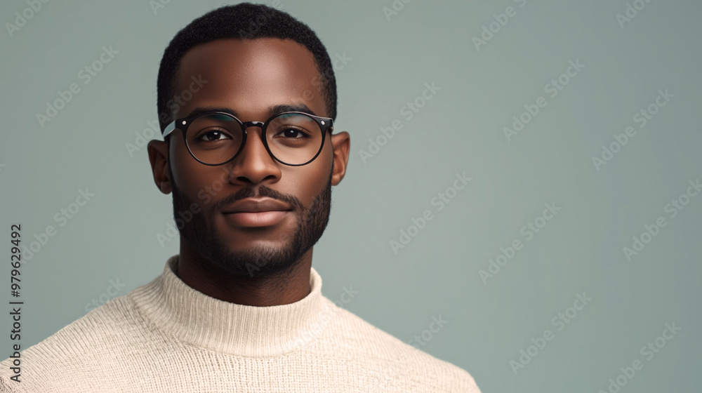 Obraz premium Retrato de hombre con gafas y una ligera sonrisa en la cara. Vestido con ropa moderna de color claro en una pose de tres cuartos. Fondo en color azul claro. Entorno elegante.