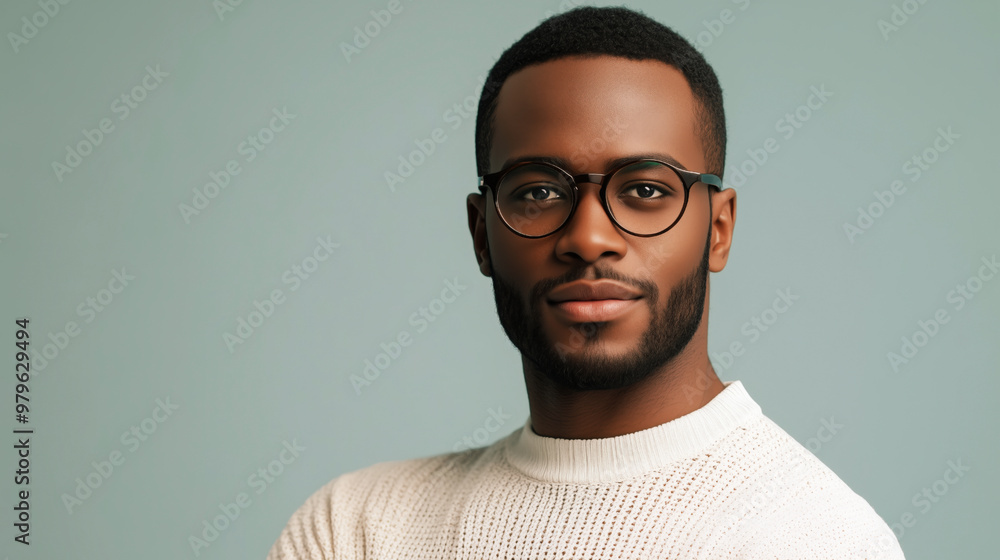 Retrato de hombre con gafas y una ligera sonrisa en la cara. Vestido con ropa moderna de color claro en una pose de tres cuartos. Fondo en color azul claro. Entorno elegante. Retrato de hombre con gafas y una ligera sonrisa en la cara. Vestido con ropa moderna de color claro en una pose de tres cuartos. Fondo en color azul claro. Entorno elegante.