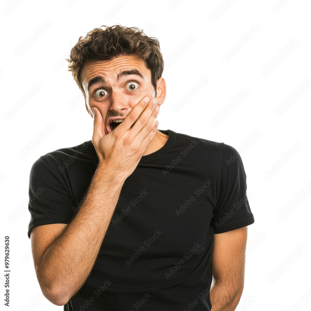 A man cowering slightly with one hand covering his mouth, eyes looking anxiously to the side isolated on transparency background A man cowering slightly with one hand covering his mouth, eyes looking anxiously to the side isolated on transparency background