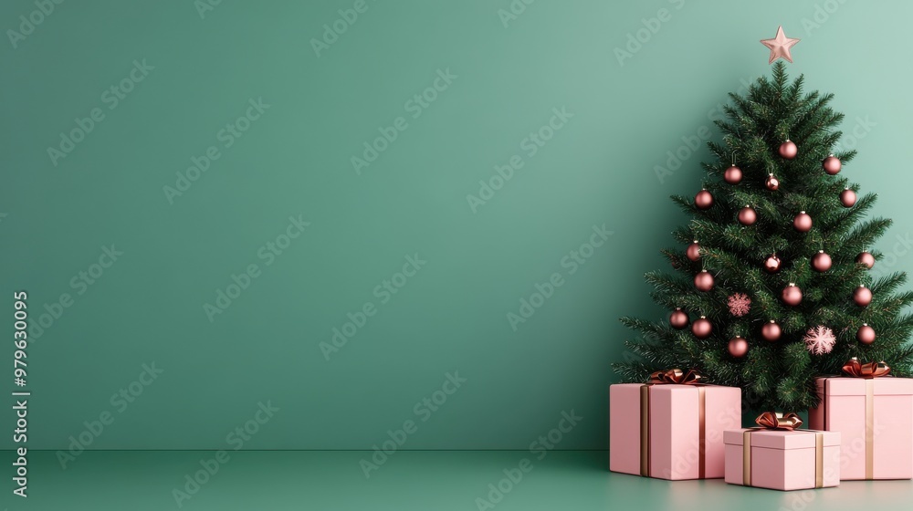 Christmas tree with pink ornaments and gifts in minimalist green background Christmas tree with pink ornaments and gifts in minimalist green background
