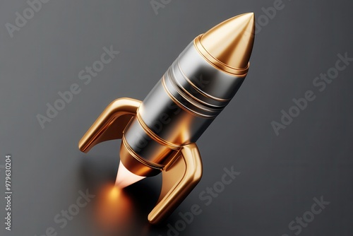 Metallic rocket with golden accents launching with fire against dark background photo