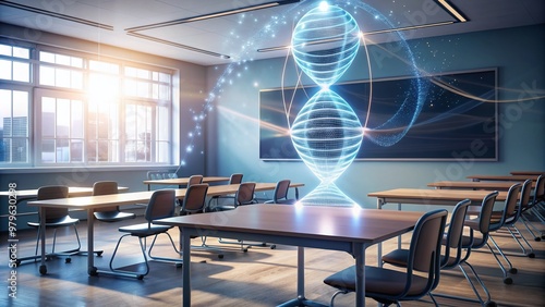 Sleek classroom backdrop showcases futuristic 3D DNA helix hologram suspended above modern desk and chair, seamlessly blending science, technology, and education in a striking visual fusion. photo