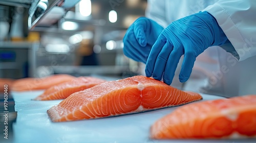 Gloved Hand Inspecting Fresh Salmon Fillet in Food Processing Facility photo