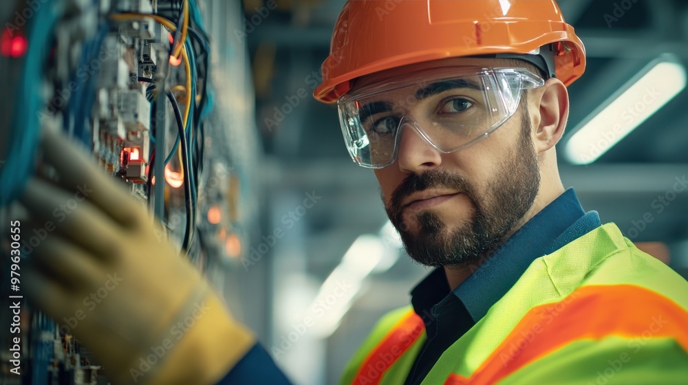 Electrical technician in safety gear working with control panel wiring Electrical technician in safety gear working with control panel wiring