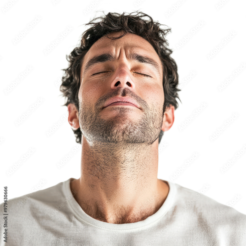 Obraz premium A man exhaling deeply with his eyes closed and shoulders relaxed, a relieved expression on his face isolated on transparency background
