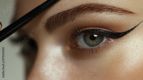Close-up of a woman's eye with eyeliner being applied.