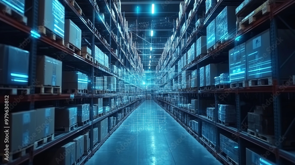 Obraz premium Smart warehouse management system identify package picking and delivery . Future concept of supply chain and logistic business 