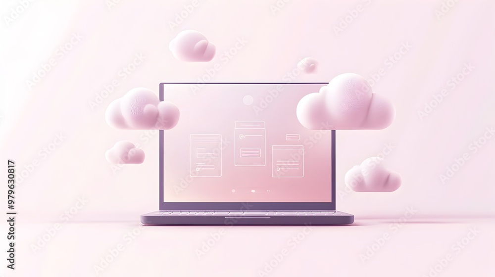 Laptop with Floating Clouds Mockup on Minimalist Background Laptop with Floating Clouds Mockup on Minimalist Background