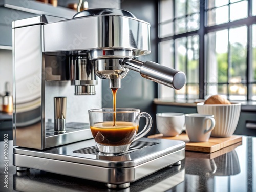 Sleek stainless steel espresso machine pours a rich, crema-topped shot of coffee into a waiting cup on a modern kitchen countertop.