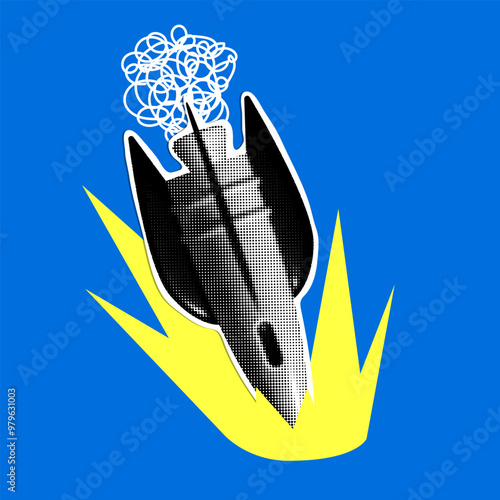 Startup Failed. Rocket ship crash. Modern collage with halftone rocket