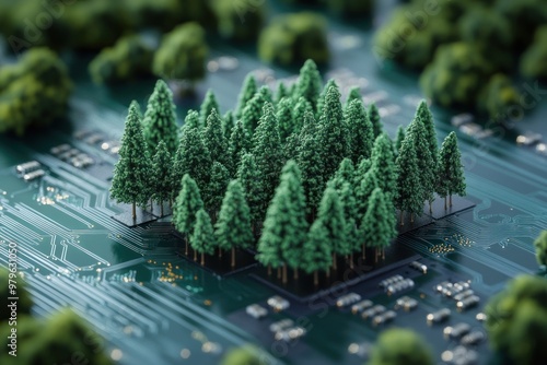 Dense forest digitally integrated into a circuit board. photo