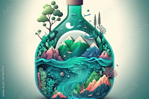 A captivating depiction of a green city within a bottle showcasing nature’s beauty and creativity