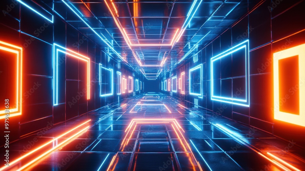 Futuristic corridor with neon blue and orange accents Futuristic corridor with neon blue and orange accents
