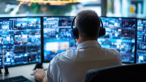 A focused operator in modern logistics control room monitors multiple screens, ensuring efficient operations and real time data analysis. atmosphere is intense yet organized, highlighting importance o