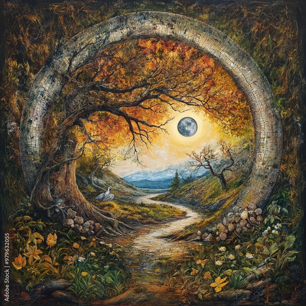 Fantasy landscape painting, mystical forest path, surreal moonlit scene, artistic nature, enchanting scenery, imaginative art, fantasy concept, autumn equinox day Fantasy landscape painting, mystical forest path, surreal moonlit scene, artistic nature, enchanting scenery, imaginative art, fantasy concept, autumn equinox day