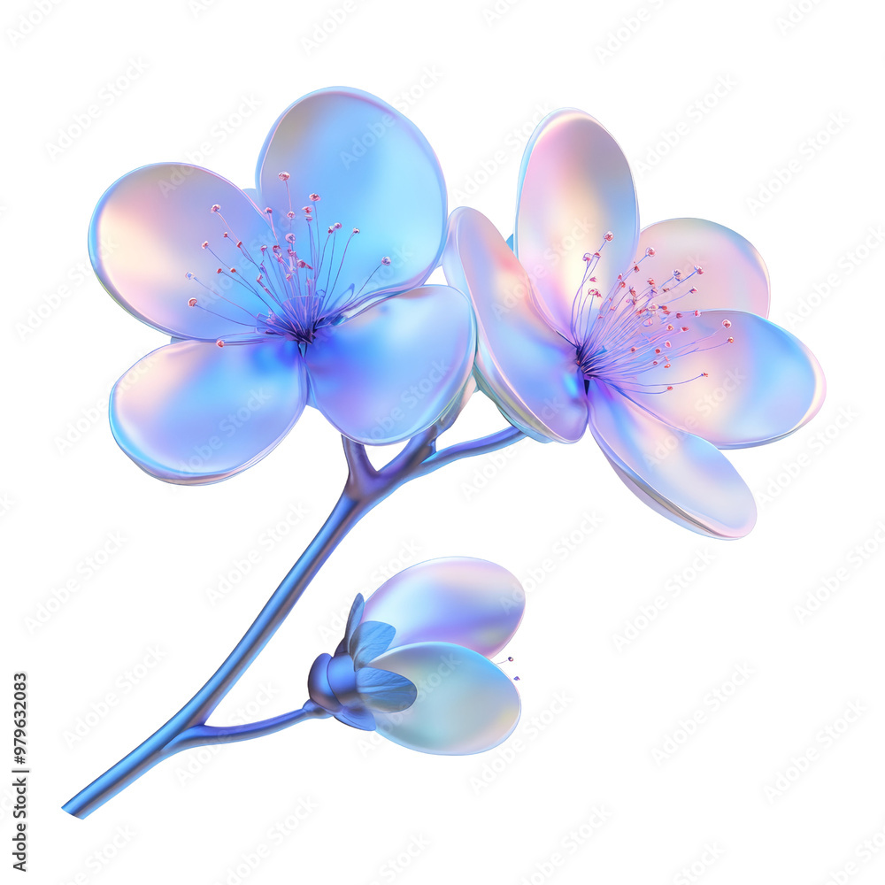 Fototapeta premium blue pink frangipani flower fluid holographic Iridescent 3d render icon isolated on transparent background cutout