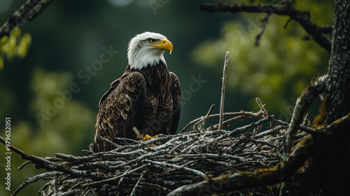 A bald eagle sits on a large nest made of branches, intently watching its surroundings, with a dense green vegetation background