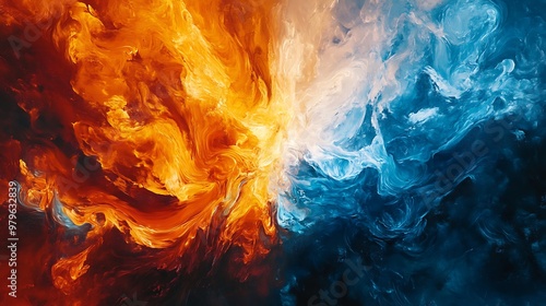 A vibrant abstract representation of contrasting elements, showcasing fiery orange and cool blue swirls.