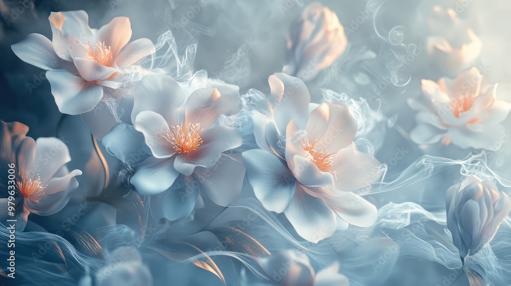 Lifelike 3D flower wallpaper with gentle steam creating a dreamy atmosphere, highlighting the depth of the floral details. No logos or people. Lifelike 3D flower wallpaper with gentle steam creating a dreamy atmosphere, highlighting the depth of the floral details. No logos or people.