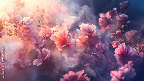 Lifelike 3D flower wallpaper with steam softly moving through the scene, highlighting the depth of the design. No logos or people.