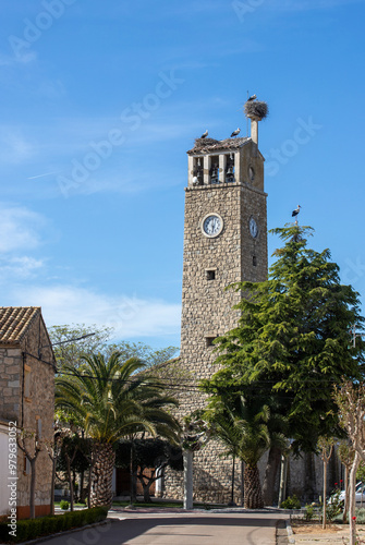 cigognes sur un clocher d'église en Espagne. 
