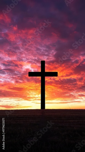 Cross silhouetted against a vibrant sunset, dramatic clouds in the sky, symbolizing hope and faith