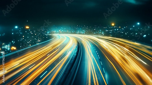 A vibrant night scene of a highway with light trails from moving vehicles, creating a dynamic urban atmosphere.