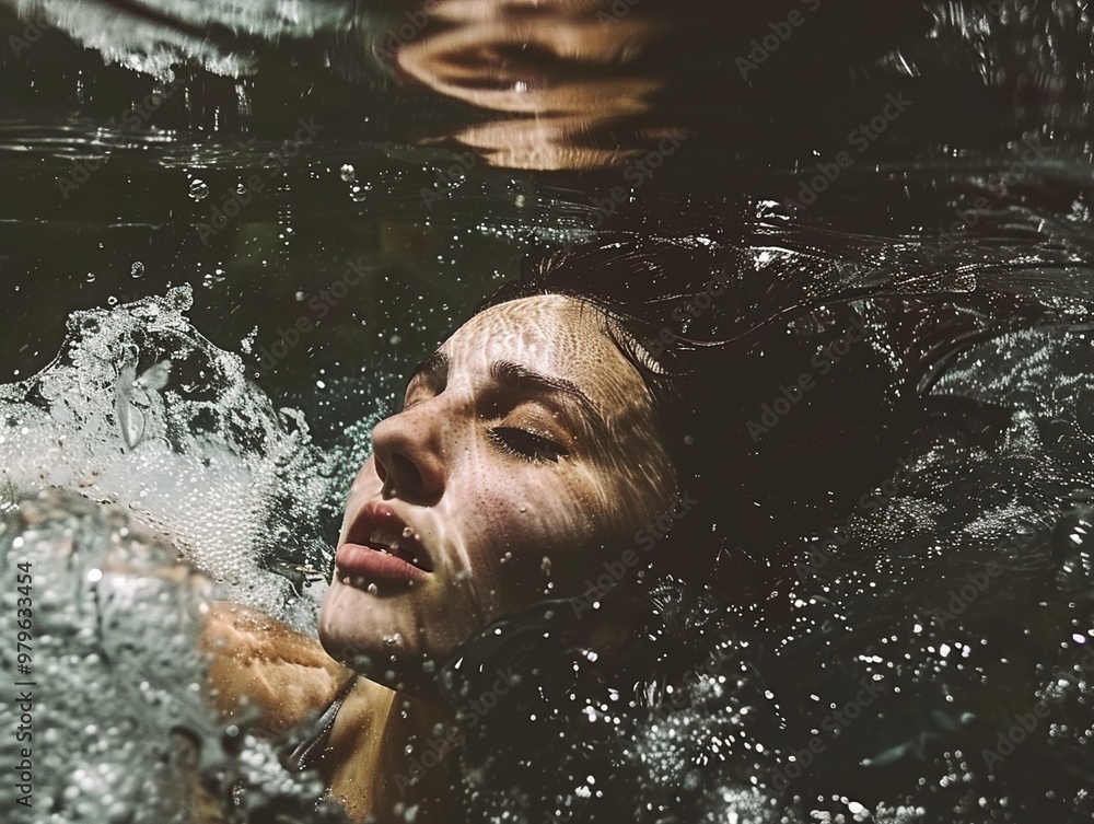 Fototapeta premium A woman with her eyes closed submerged in water, with bubbles around her face.