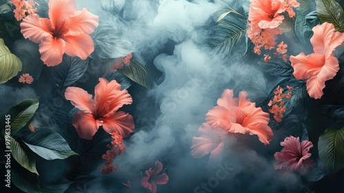 Realistic 3D floral wallpaper, featuring steam gently rising among vibrant, detailed flowers. No logos or people in the illustration.